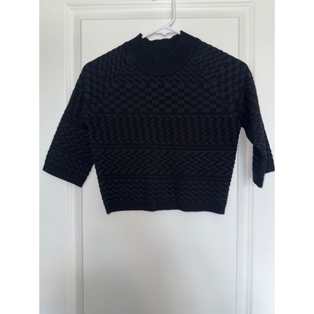 Kendall Kylie Black Mock Neck Sweater 3/4 Sleeve Geometric Cropped Size Small
